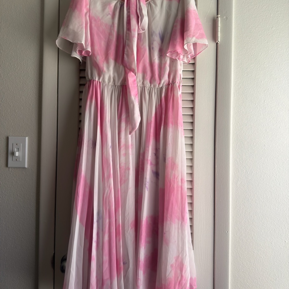 Ivy City Co Pink and White Tie-Dye Midi Dress with Bow Neck